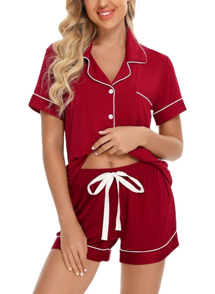 Senert Pajamas Set For Women Short Sleeve Sleepwear Soft Button Down Pjs Set Nightwear Lounge Sets S-XXL