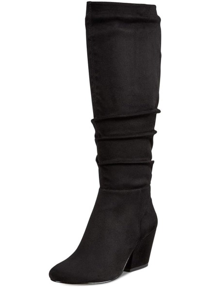 Women Comfort Slouch Knee High Boots Closed Round Toe Chunky Mid Heels Side Zipper Pull On Wide Calf