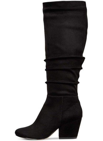 Women Comfort Slouch Knee High Boots Closed Round Toe Chunky Mid Heels Side Zipper Pull On Wide Calf