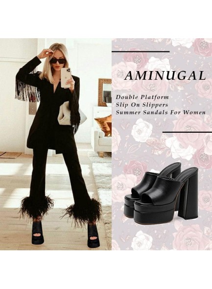 Womens Chunky High Heel Sandals Double Platform Slip On Slippers Open Square Toe Comfortable Summer Sandals