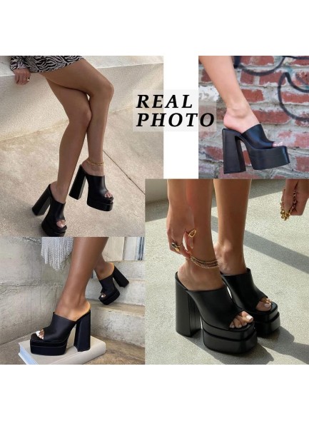 Womens Chunky High Heel Sandals Double Platform Slip On Slippers Open Square Toe Comfortable Summer Sandals