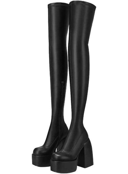 Womens Over The Knee Boots Platform Chunky Block High Heel Round Toe Zip Tight High Boots Gothic Punk