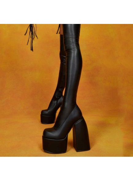 Womens Over The Knee Boots Platform Chunky Block High Heel Round Toe Zip Tight High Boots Gothic Punk