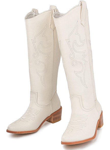 Women's Embroidered Western Cowgirl Boots Chunky Stacked Heel Mid Calf Cowboy Boots Pull On Round Toe Knee High Boots