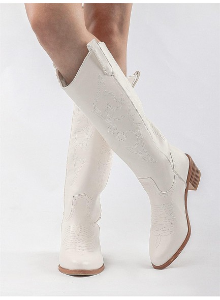 Women's Embroidered Western Cowgirl Boots Chunky Stacked Heel Mid Calf Cowboy Boots Pull On Round Toe Knee High Boots