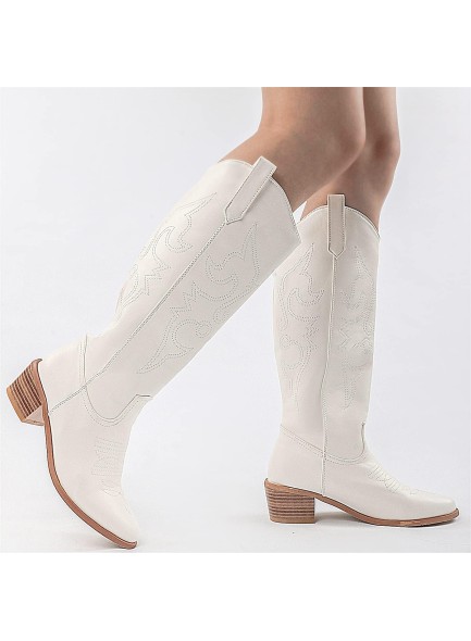 Women's Embroidered Western Cowgirl Boots Chunky Stacked Heel Mid Calf Cowboy Boots Pull On Round Toe Knee High Boots