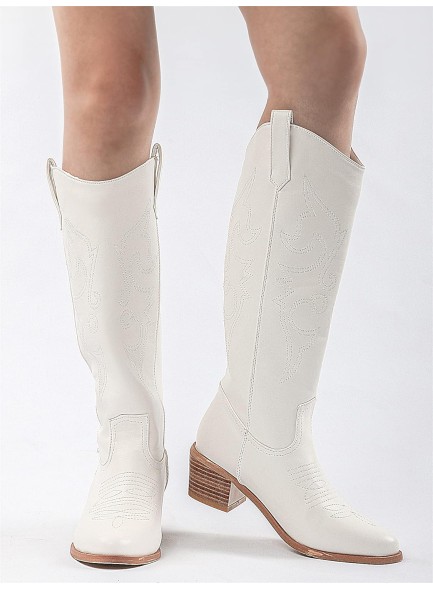 Women's Embroidered Western Cowgirl Boots Chunky Stacked Heel Mid Calf Cowboy Boots Pull On Round Toe Knee High Boots