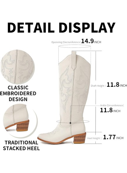 Women's Embroidered Western Cowgirl Boots Chunky Stacked Heel Mid Calf Cowboy Boots Pull On Round Toe Knee High Boots