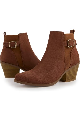 Women's Point Toe Ankle Boots Button and Buckle Decor Chunky Stacked Heel Bootie Fashion Booties Side Zip Faux Leather/Sudue Upper