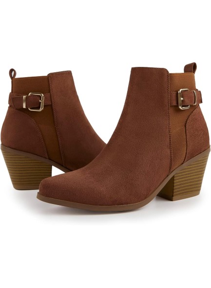 Women's Point Toe Ankle Boots Button and Buckle Decor Chunky Stacked Heel Bootie Fashion Booties Side Zip Faux Leather/Sudue Upper