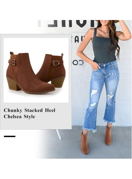 Women's Point Toe Ankle Boots Button and Buckle Decor Chunky Stacked Heel Bootie Fashion Booties Side Zip Faux Leather/Sudue Upper