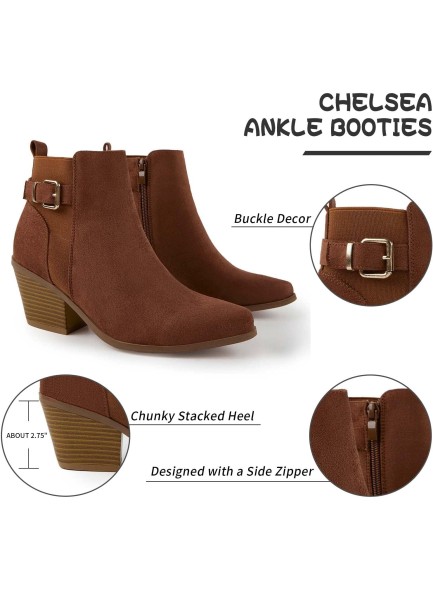 Women's Point Toe Ankle Boots Button and Buckle Decor Chunky Stacked Heel Bootie Fashion Booties Side Zip Faux Leather/Sudue Upper