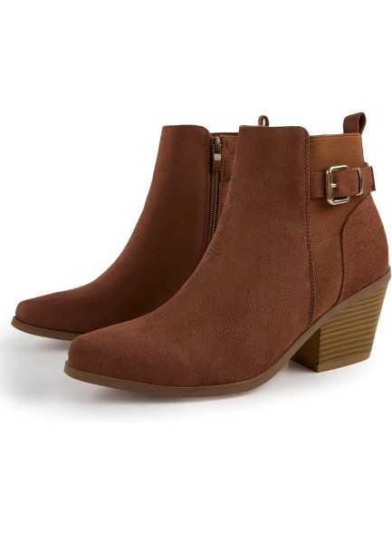 Women's Point Toe Ankle Boots Button and Buckle Decor Chunky Stacked Heel Bootie Fashion Booties Side Zip Faux Leather/Sudue Upper