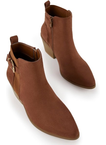 Women's Point Toe Ankle Boots Button and Buckle Decor Chunky Stacked Heel Bootie Fashion Booties Side Zip Faux Leather/Sudue Upper