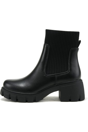 Women Lug Sole Mid Heel Chelsea Fashion Elastic Sock Shaft Ankle Bootie 