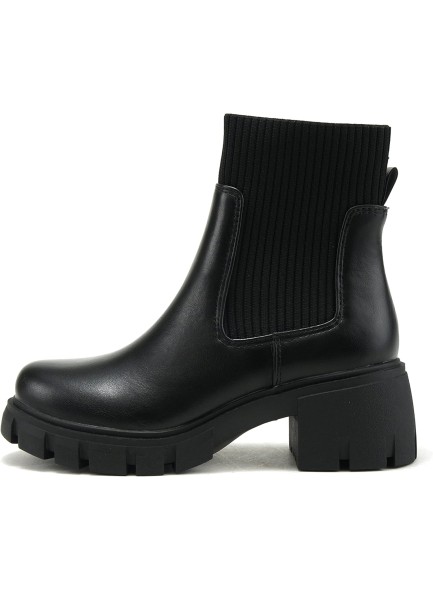 Women Lug Sole Mid Heel Chelsea Fashion Elastic Sock Shaft Ankle Bootie