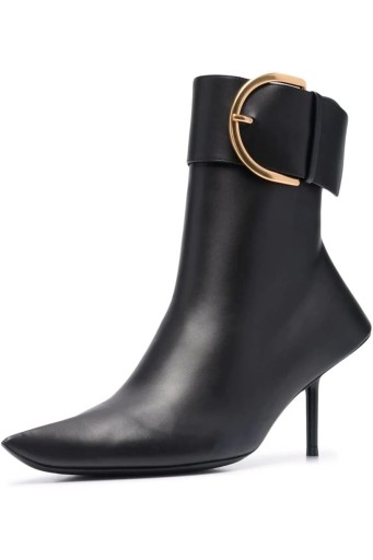 Women's Black Ankle Boots Pointed Toe Stiletto Heel Booties Ankle D Buckle Zipper Short Boot 