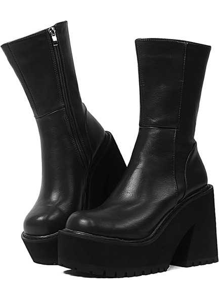 Womens Wedge Heel Ankle Boots Platform Zipper Punk Motorcycle Booties Chunky Block High Heel Round Toe Fashion Work Combat Boots Mid Calf