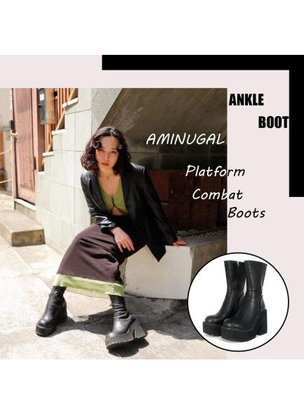 Womens Wedge Heel Ankle Boots Platform Zipper Punk Motorcycle Booties Chunky Block High Heel Round Toe Fashion Work Combat Boots Mid Calf