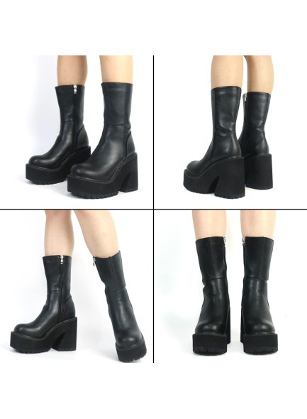 Womens Wedge Heel Ankle Boots Platform Zipper Punk Motorcycle Booties Chunky Block High Heel Round Toe Fashion Work Combat Boots Mid Calf