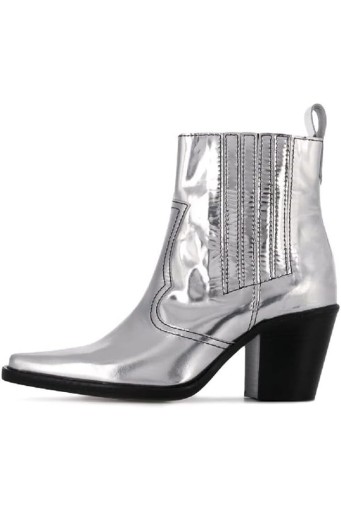 Silver Ankle Boots Metallic Chunky Heel Western Booties Chelsea Boots 
