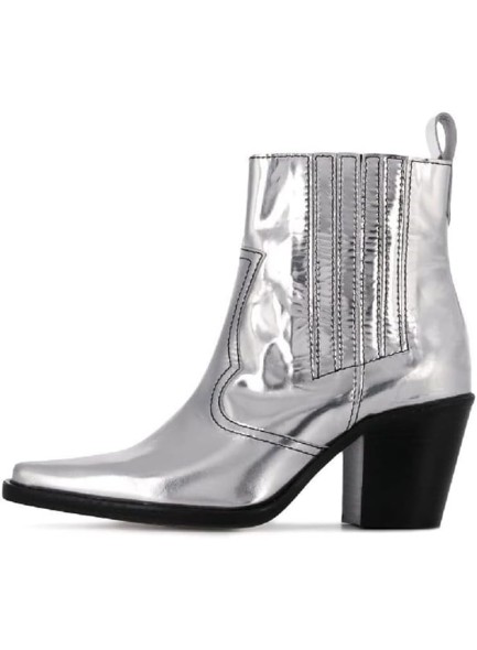 Silver Ankle Boots Metallic Chunky Heel Western Booties Chelsea Boots