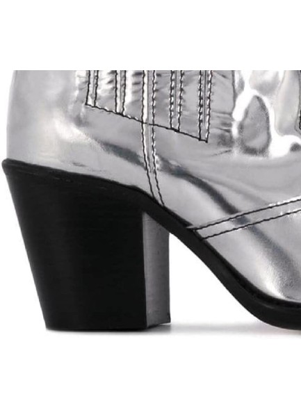 Silver Ankle Boots Metallic Chunky Heel Western Booties Chelsea Boots