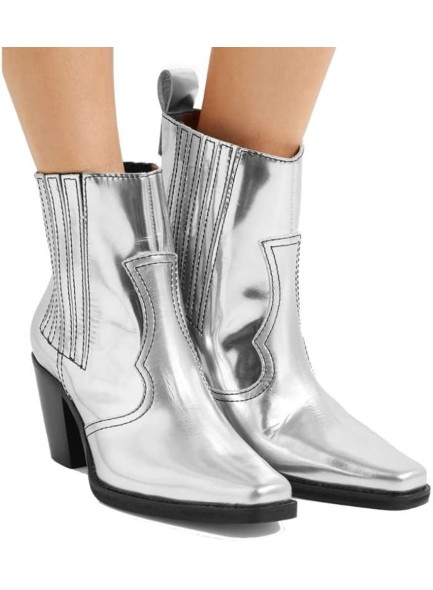 Silver Ankle Boots Metallic Chunky Heel Western Booties Chelsea Boots