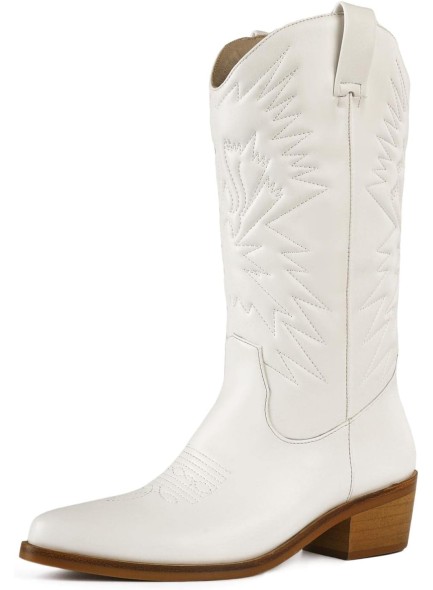 Embroidered Cowboy Cowgirl Boots Round Toe Mid Calf Chunky Stacked Heel Western Boots Wedding Riding Party