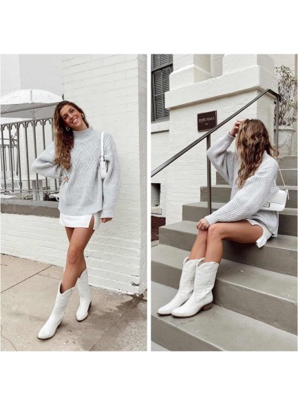 Embroidered Cowboy Cowgirl Boots Round Toe Mid Calf Chunky Stacked Heel Western Boots Wedding Riding Party