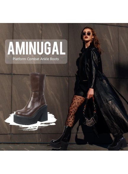 Womens Wedge Heel Ankle Boots Platform Zipper Punk Motorcycle Booties Chunky Block High Heel Round Toe