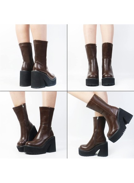 Womens Wedge Heel Ankle Boots Platform Zipper Punk Motorcycle Booties Chunky Block High Heel Round Toe