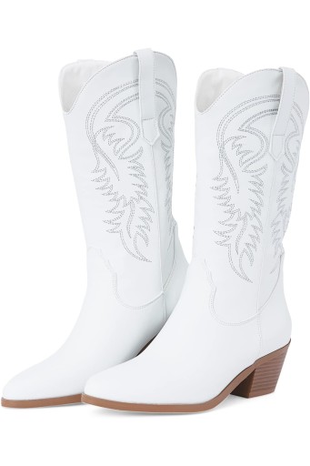 White Cowgirl Boots Embroidered Pointed Toe Cowboy BootsWide Calf Pull On Chunky Heel Western Boots 