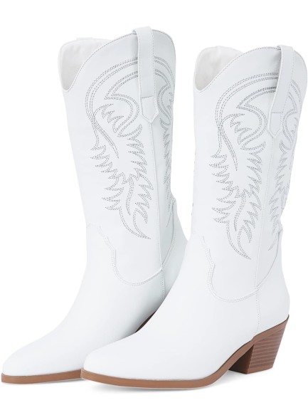 White Cowgirl Boots Embroidered Pointed Toe Cowboy BootsWide Calf Pull On Chunky Heel Western Boots