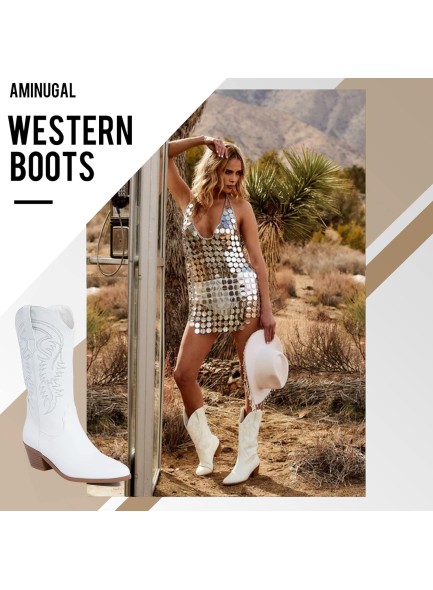 White Cowgirl Boots Embroidered Pointed Toe Cowboy BootsWide Calf Pull On Chunky Heel Western Boots