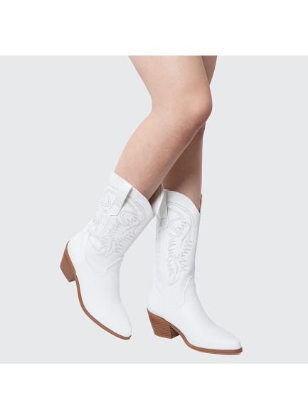 White Cowgirl Boots Embroidered Pointed Toe Cowboy BootsWide Calf Pull On Chunky Heel Western Boots