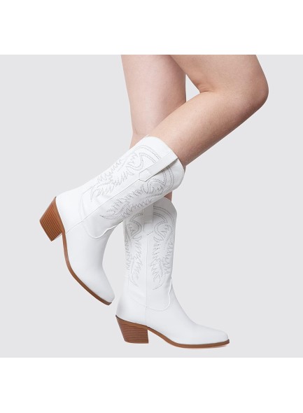 White Cowgirl Boots Embroidered Pointed Toe Cowboy BootsWide Calf Pull On Chunky Heel Western Boots