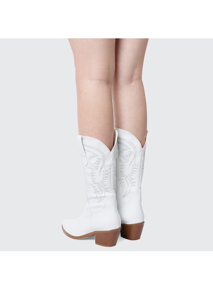 White Cowgirl Boots Embroidered Pointed Toe Cowboy BootsWide Calf Pull On Chunky Heel Western Boots