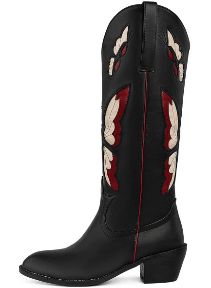 Butterfly Embroidered Cowboy Boots for Women Vintage Round Toe Chunky Heel Mid Calf Western Boots
