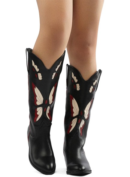 Butterfly Embroidered Cowboy Boots for Women Vintage Round Toe Chunky Heel Mid Calf Western Boots