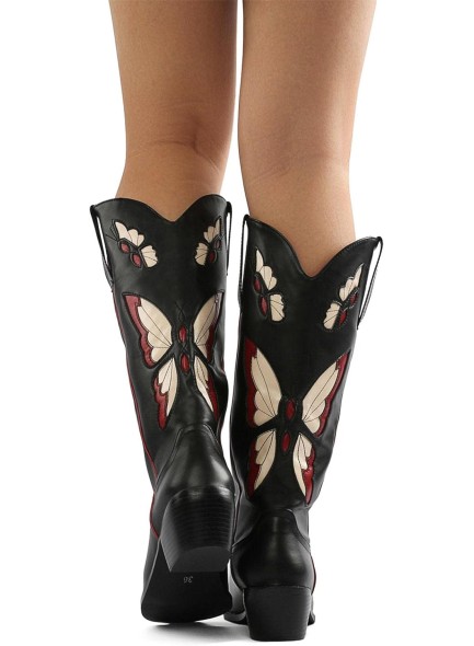 Butterfly Embroidered Cowboy Boots for Women Vintage Round Toe Chunky Heel Mid Calf Western Boots