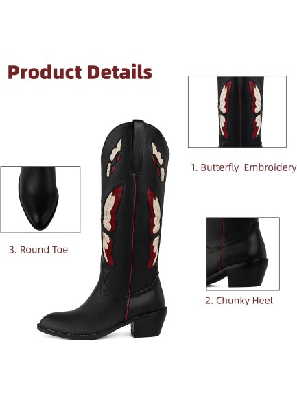 Butterfly Embroidered Cowboy Boots for Women Vintage Round Toe Chunky Heel Mid Calf Western Boots