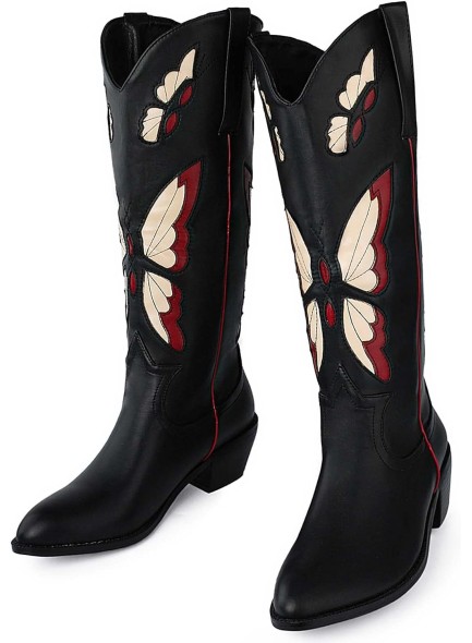 Butterfly Embroidered Cowboy Boots for Women Vintage Round Toe Chunky Heel Mid Calf Western Boots