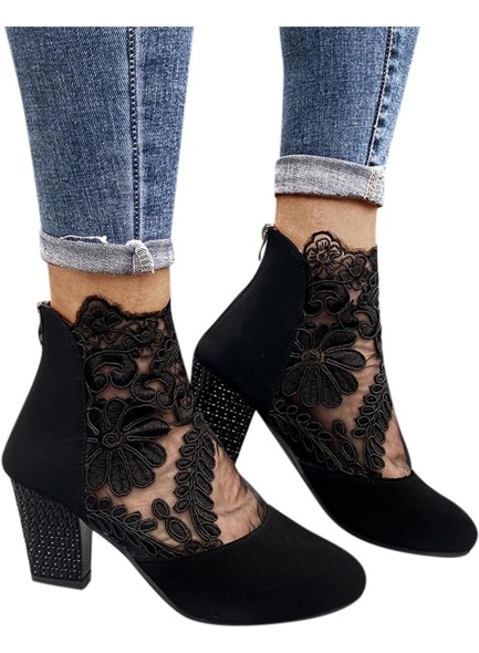 Women Wedge Shoes Lace Boots Round Suede Toe Zipper Short Ankle Booties Low Heel Boots