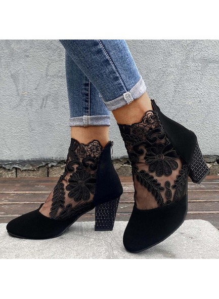 Women Wedge Shoes Lace Boots Round Suede Toe Zipper Short Ankle Booties Low Heel Boots