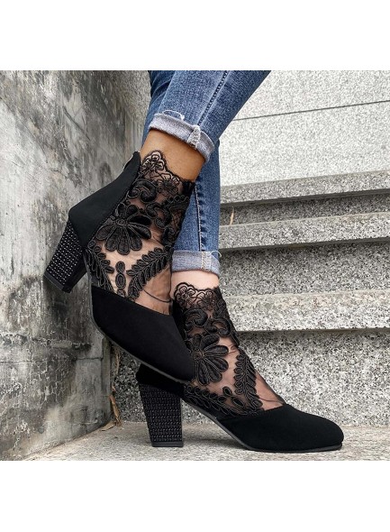 Women Wedge Shoes Lace Boots Round Suede Toe Zipper Short Ankle Booties Low Heel Boots