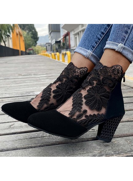 Women Wedge Shoes Lace Boots Round Suede Toe Zipper Short Ankle Booties Low Heel Boots