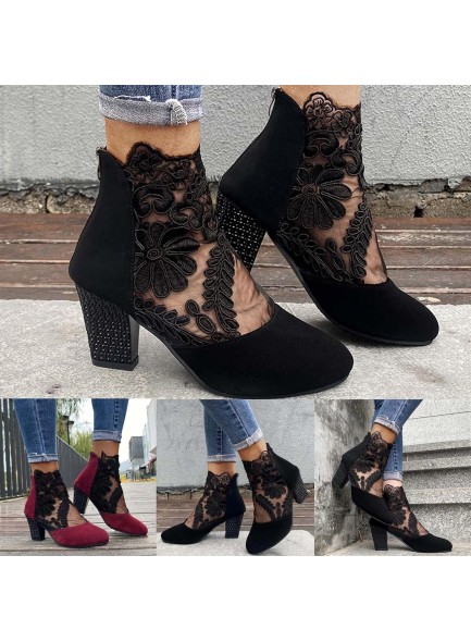 Women Wedge Shoes Lace Boots Round Suede Toe Zipper Short Ankle Booties Low Heel Boots