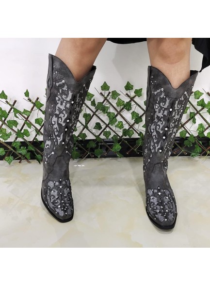 Women Printed Western Rhinestones Cowboy Cowgirl Boots Square Toe Embroidered Retro