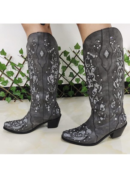 Women Printed Western Rhinestones Cowboy Cowgirl Boots Square Toe Embroidered Retro